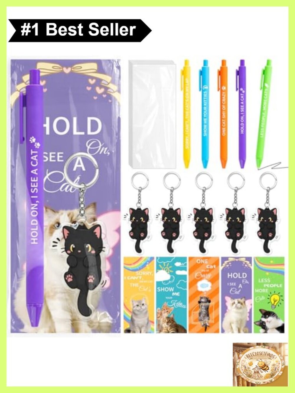 Cat Lover Gift Kit 5 Acrylic Keychains Ballpoint Pens Bookmarks